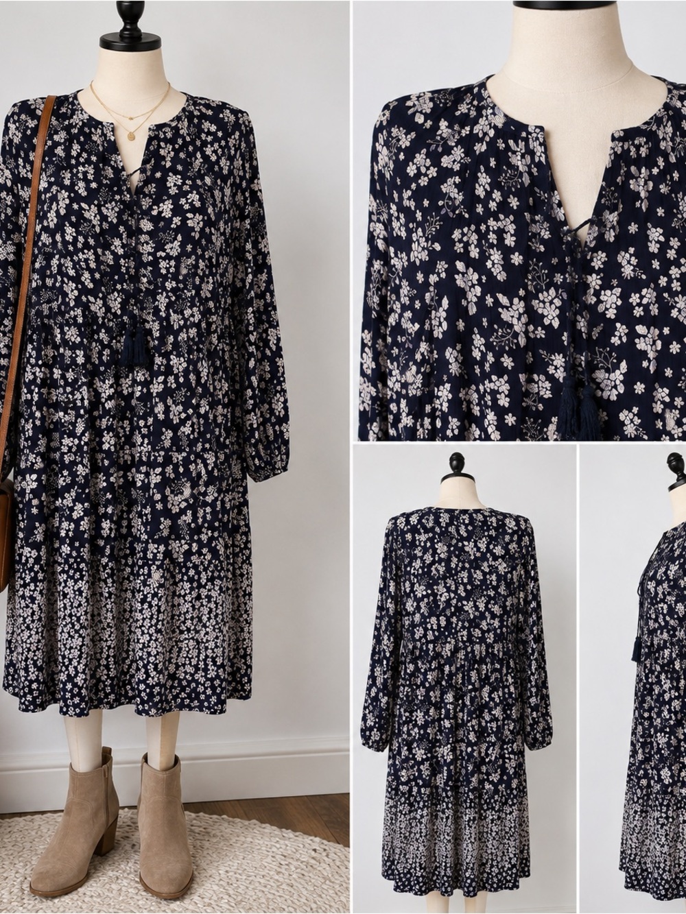 Old Navy Women’s Small Navy Floral Tiered Midi Dress Long Sleeve Tassel Boho